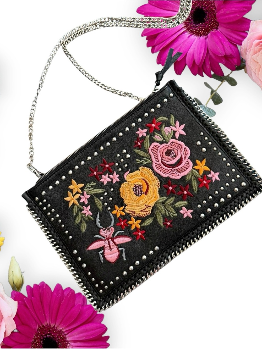 Topshop Black Crossbody Bag with Pink & Yellow Floral Embroidery